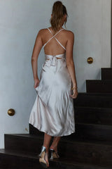 Lakoda Gathered Bust Bow Tie Back Midi Dress Champagne